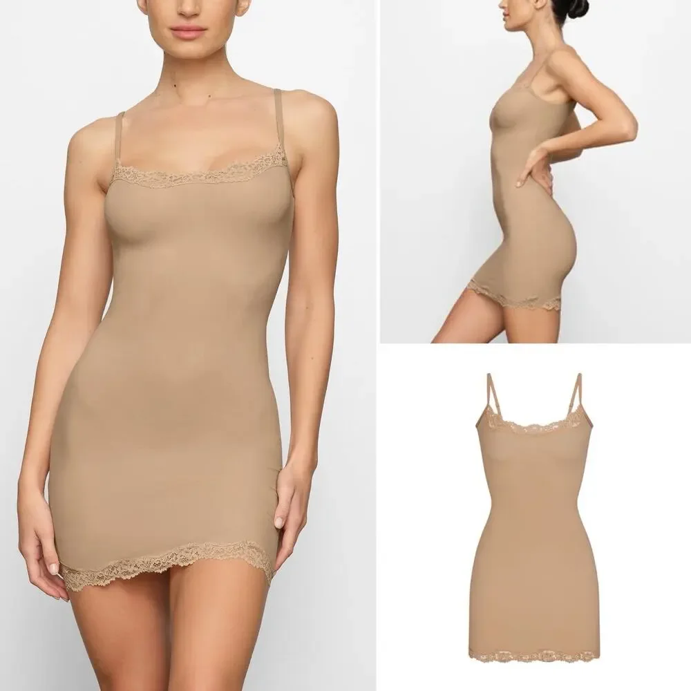 NWT SKIMS Fits Everybody Corded Lace Slip Dress in Sand Sz. M - Picture 1 of 5